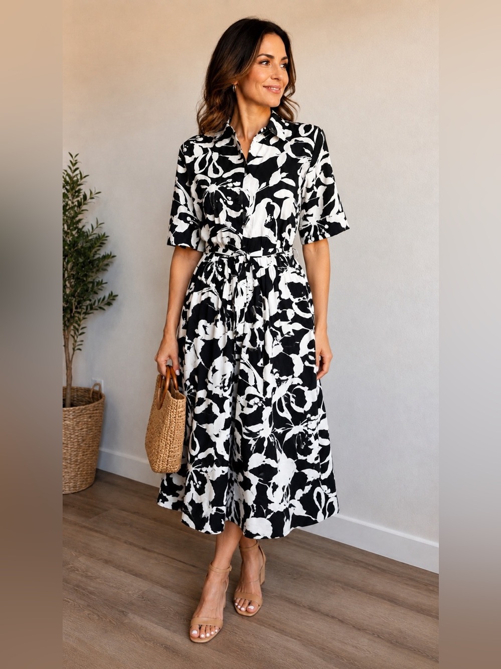 NWT DKNY Black & White Abstract Floral Midi Dress – Size 6